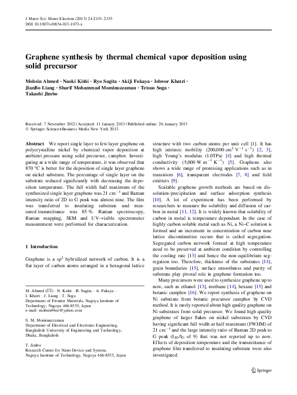 (PDF) Graphene synthesis by thermal chemical vapor deposition using ...