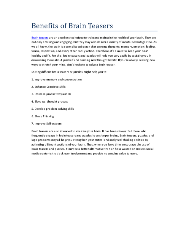 (PDF) Benefits of Brain Teasers zameel mhmd Academia.edu