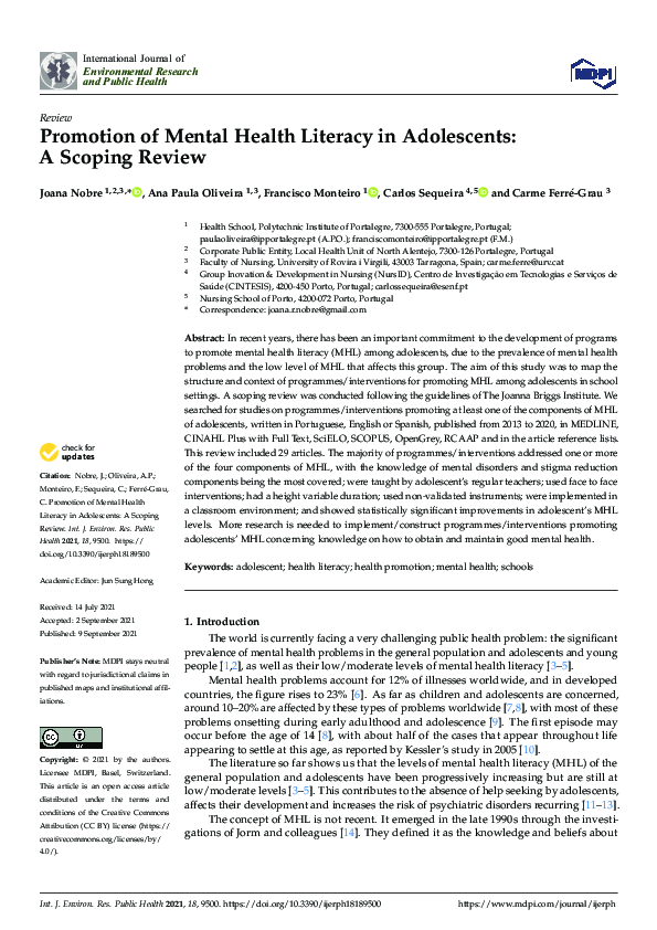 (PDF) Promotion of Mental Health Literacy in Adolescents: A Scoping Review