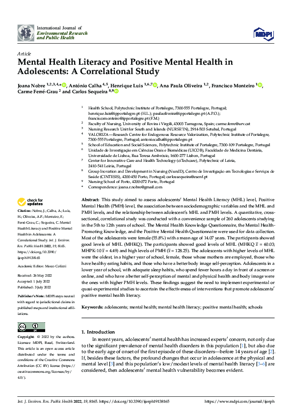 (PDF) Mental Health Literacy and Positive Mental Health in Adolescents