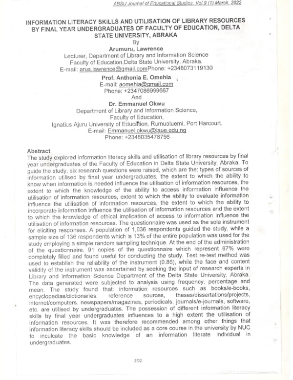 (PDF) INFORMATION LITERACY SKILLS AND UTILISATION OF LIBRARY RESOURCES ...