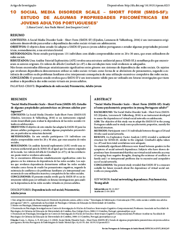 (PDF) Social Media Disorder Scale – Short Form (SMDS-SF): Estudo de ...