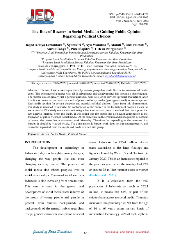 (PDF) The Role of Buzzers in Social Media in Guiding Public Opinion ...