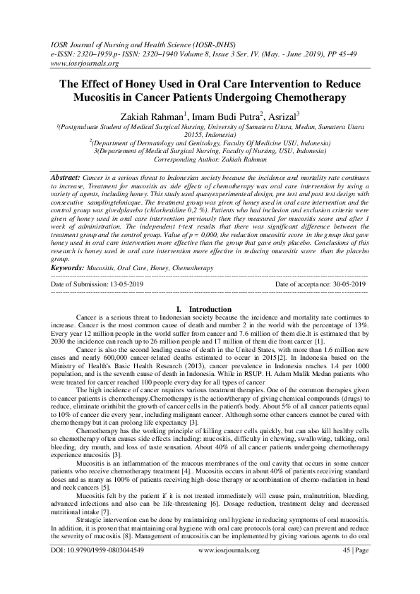 (PDF) The Effect of Honey Used in Oral Care Intervention to Reduce ...