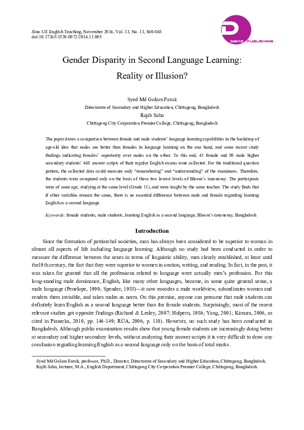(PDF) Gender Disparity in Second Language Learning: Reality or Illusion?