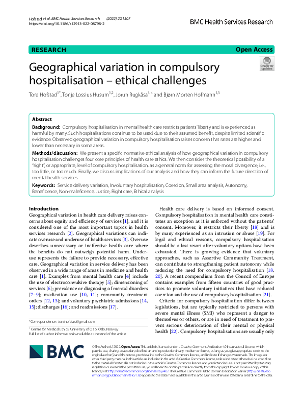 (PDF) Geographical variation in compulsory hospitalisation – ethical ...
