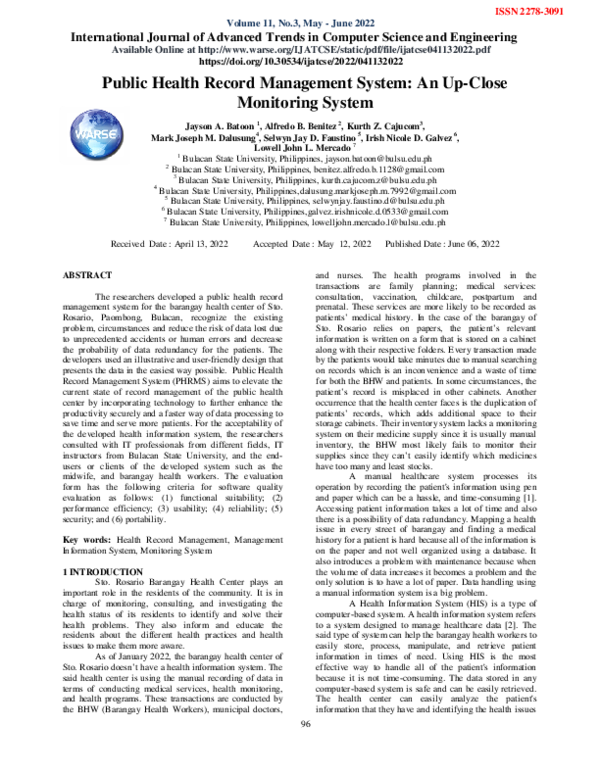 (PDF) Public Health Record Management System An UpClose Monitoring System WARSE The World