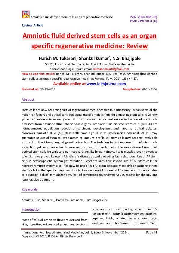 (PDF) Amniotic fluid derived stem cells as an organ specific ...
