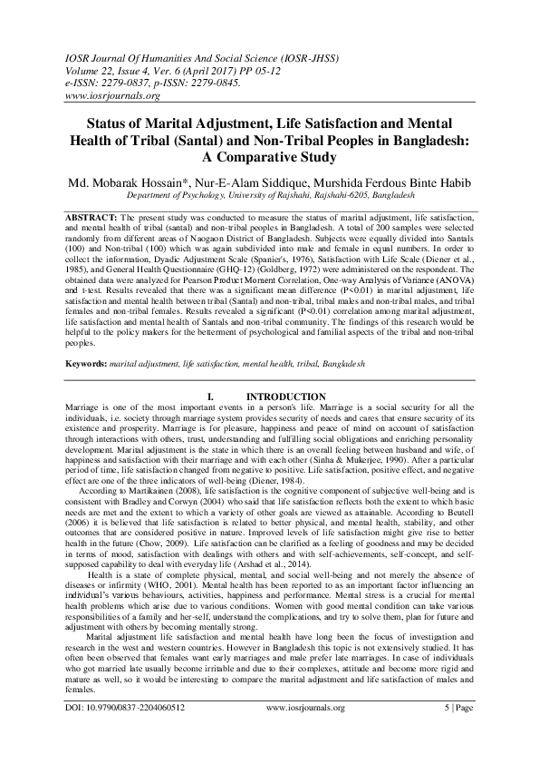 (PDF) Status of Marital Adjustment, Life Satisfaction and Mental Health ...