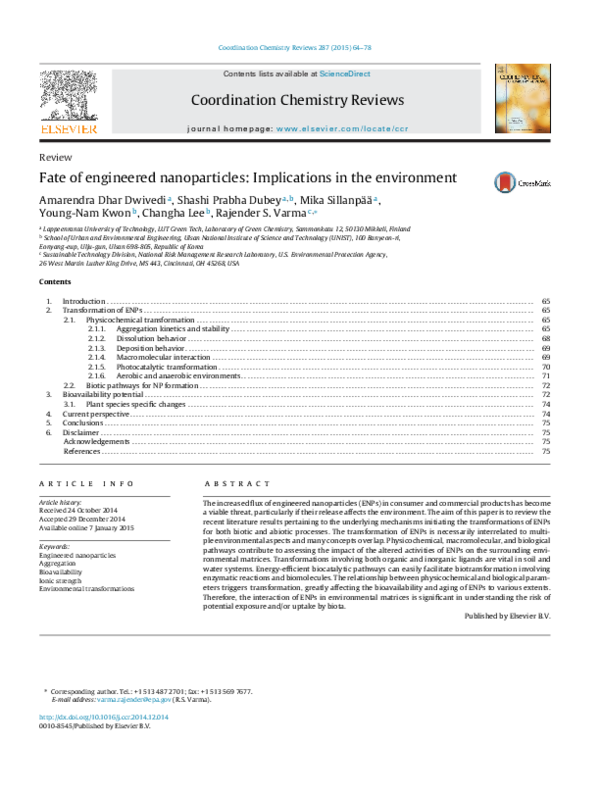 (PDF) Fate of engineered nanoparticles: Implications in the environment
