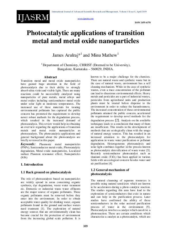 (PDF) Photocatalytic applications of transition metal and metal oxide ...