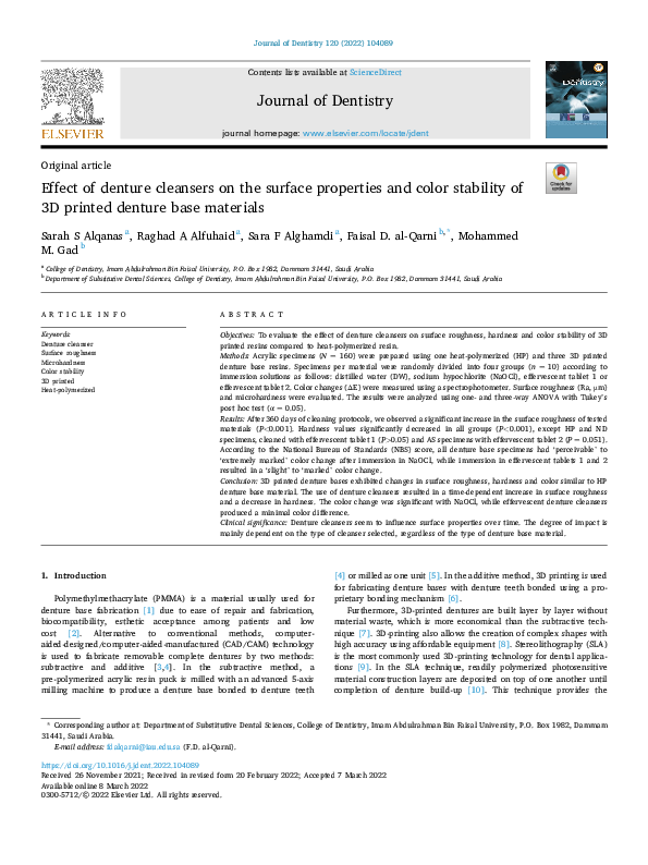 (PDF) Effect of denture cleansers on the surface properties and color ...