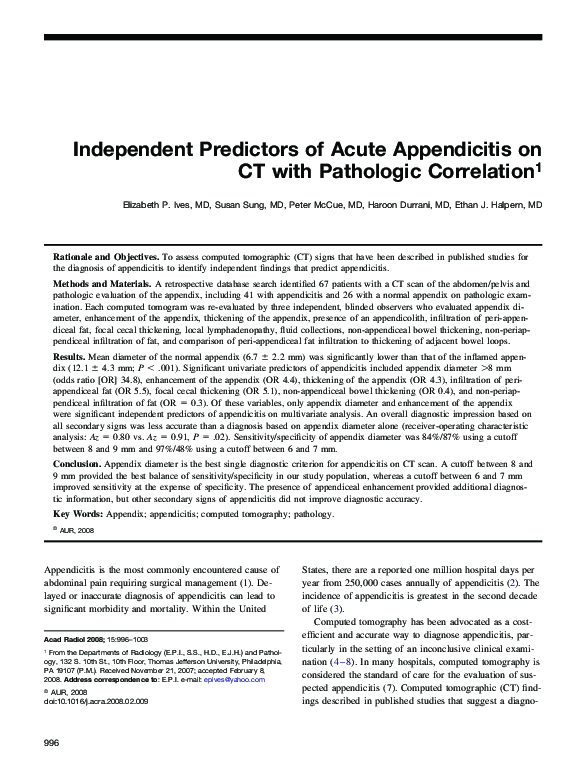 (PDF) Independent Predictors of Acute Appendicitis on CT with ...