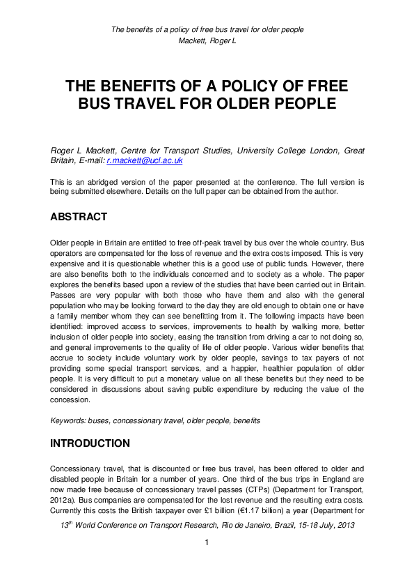 (PDF) The benefits of a policy of free bus travel for older people