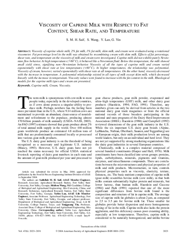 (PDF) Viscosity of Caprine Milk with Respect to Fat Content, Shear Rate ...