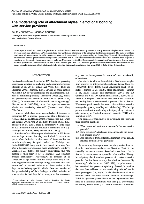 (PDF) The moderating role of attachment styles in emotional bonding ...