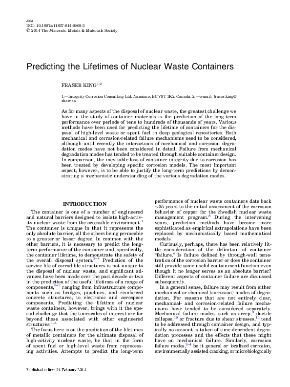 (PDF) Predicting the Lifetimes of Nuclear Waste Containers