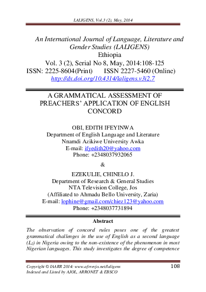 (PDF) A Grammatical Assessment of Preachers' Application of English Concord