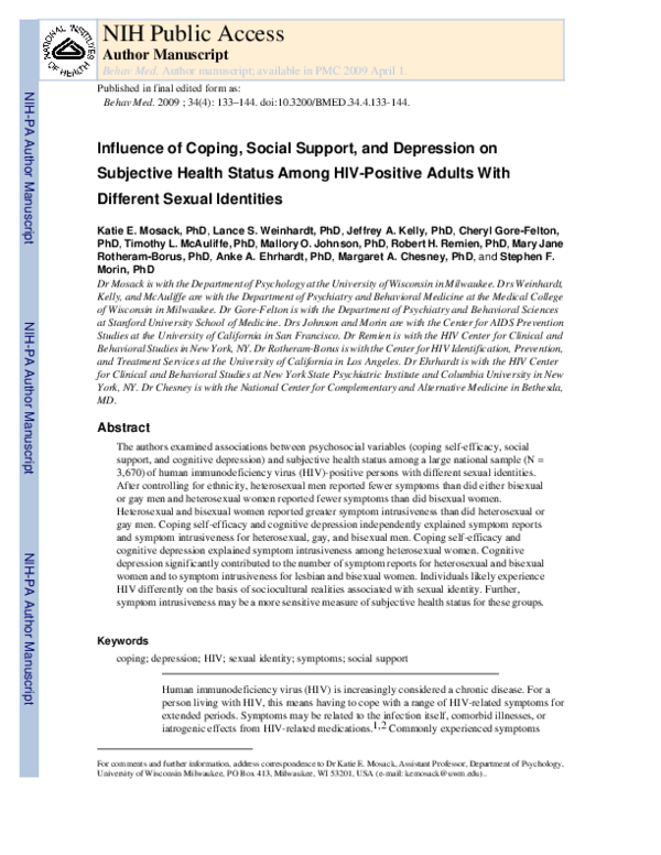 (PDF) Influence of Coping, Social Support, and Depression on Subjective ...