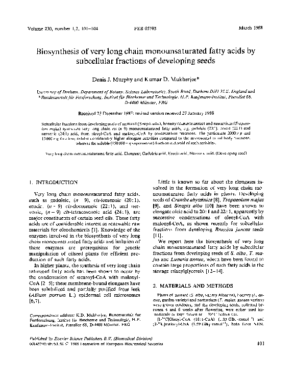 (PDF) Biosynthesis of very long chain monounsaturated fatty acids by ...