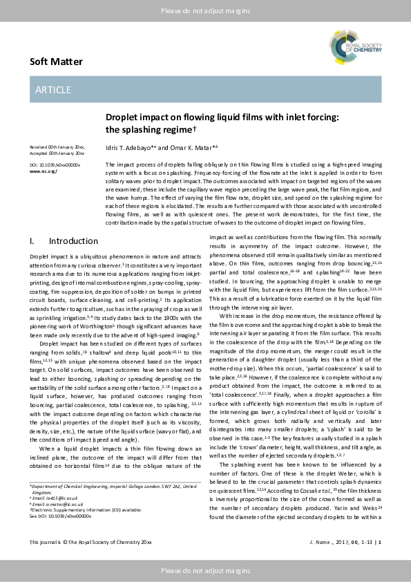 (PDF) Droplet impact on flowing liquid films with inlet forcing: the ...
