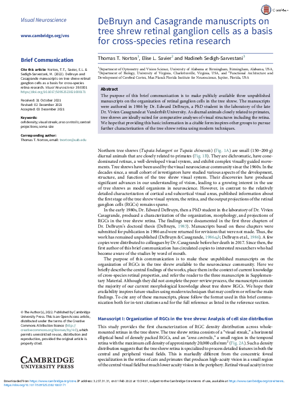 (PDF) DeBruyn and Casagrande manuscripts on tree shrew retinal ganglion ...