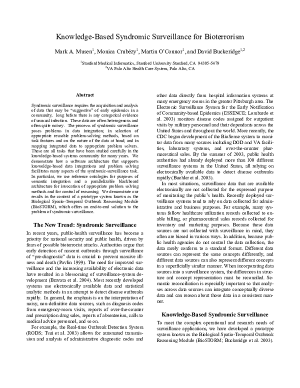 (PDF) KnowledgeBased Syndromic Surveillance for Bioterrorism Monica Crubezy Academia.edu