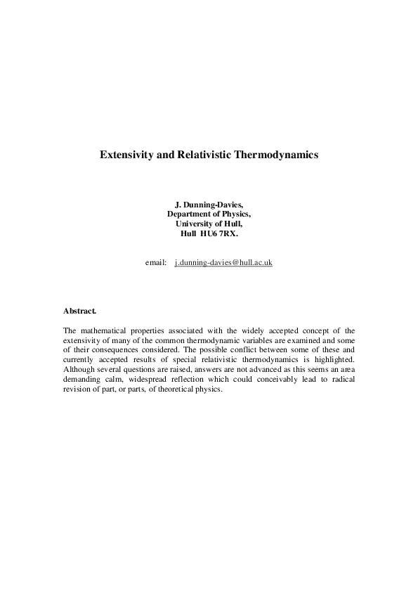 (PDF) Extensivity and Relativistic Thermodynamics