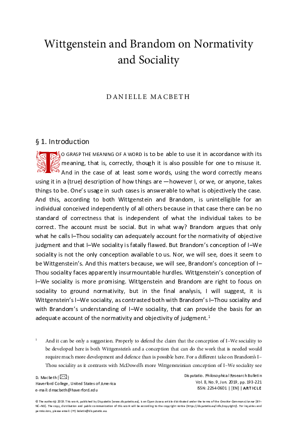 (PDF) Wittgenstein and Brandom on Normativity and Sociality