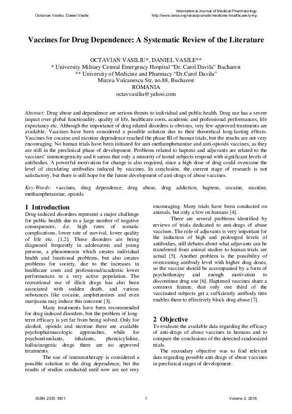 (PDF) Vaccines for Drug Dependence: A Systematic Review of the Literature