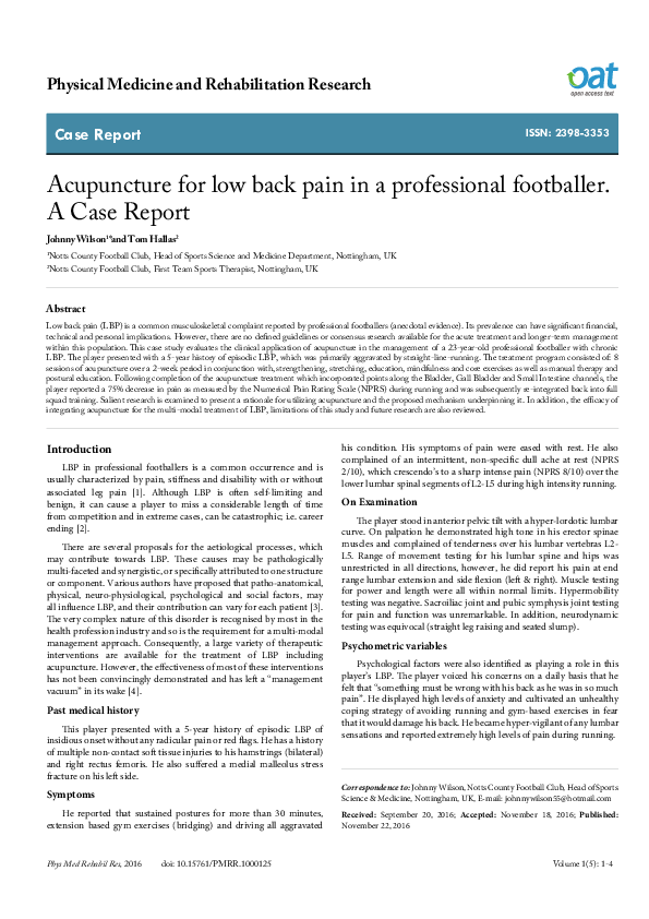 (PDF) Acupuncture for low back pain in a professional footballer. A ...