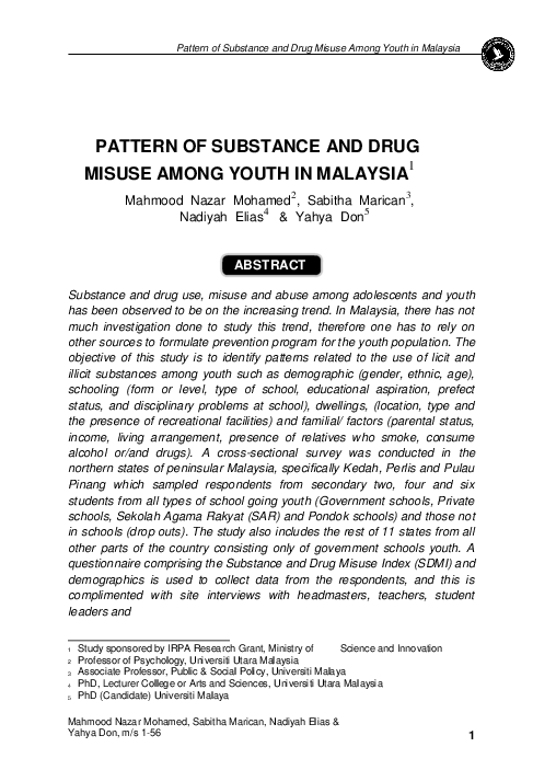 (PDF) Pattern of Substance and Drug Misuse Among Youth in Malaysia