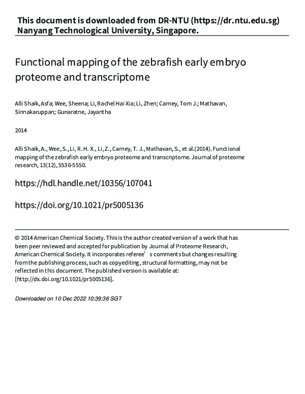 (PDF) Functional Mapping of the Zebrafish Early Embryo Proteome and ...