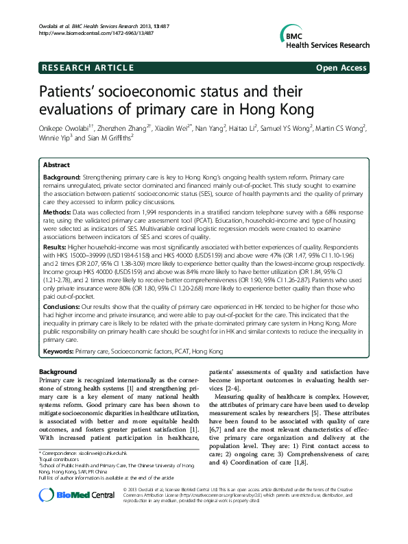 (PDF) Patients’ socioeconomic status and their evaluations of primary