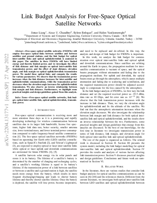 (PDF) Link Budget Analysis for Free-Space Optical Satellite Networks