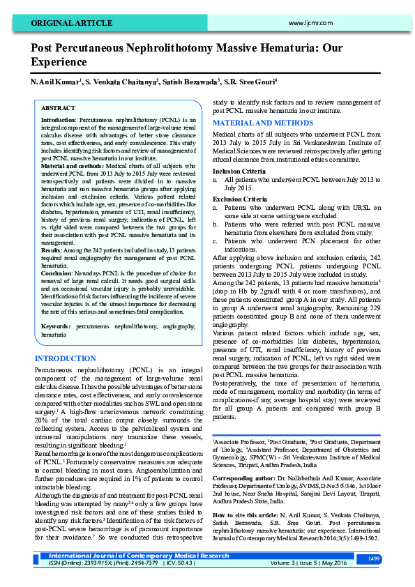 (PDF) Post Percutaneous Nephrolithotomy Massive Hematuria: Our Experience