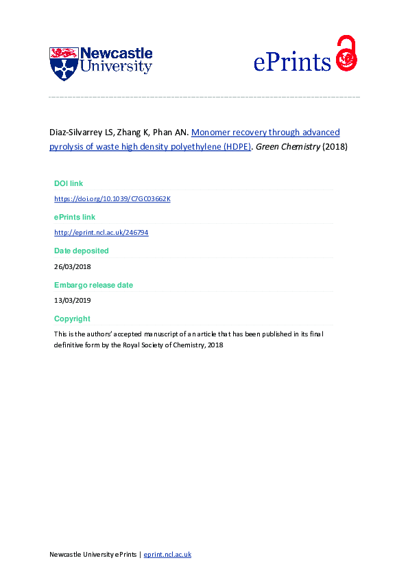 (PDF) Monomer recovery through advanced pyrolysis of waste high density ...