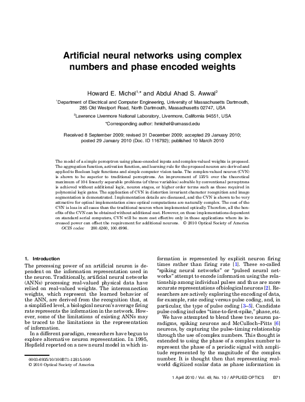 (PDF) Artificial neural networks using complex numbers and phase ...