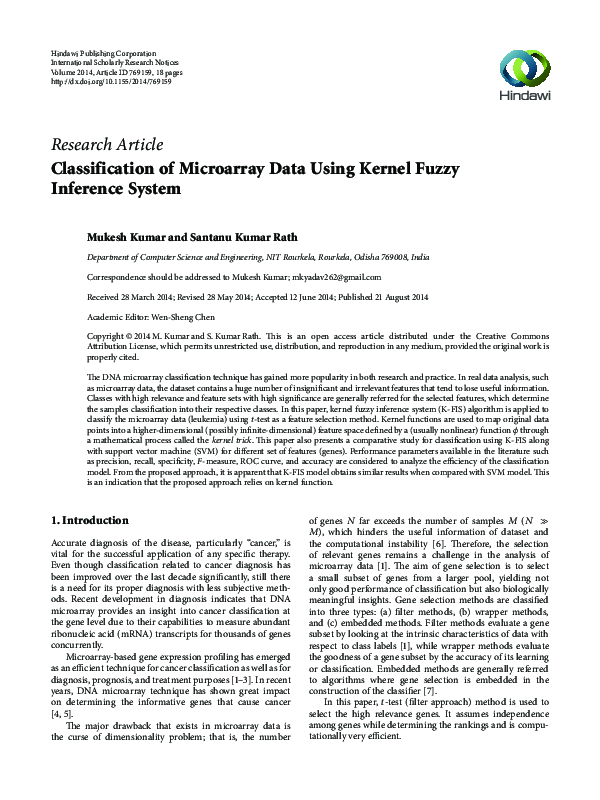 (PDF) Classification of Microarray Data Using Kernel Fuzzy Inference System