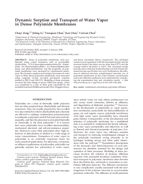 (PDF) Dynamic sorption and transport of water vapor in dense polyimide ...
