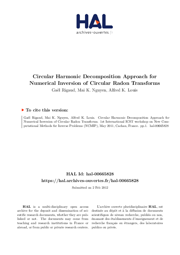 (PDF) Circular Harmonic Decomposition Approach for Numerical Inversion ...