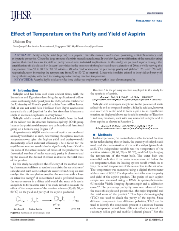 (PDF) Effect of Temperature on the Purity and Yield of Aspirin Dhiman