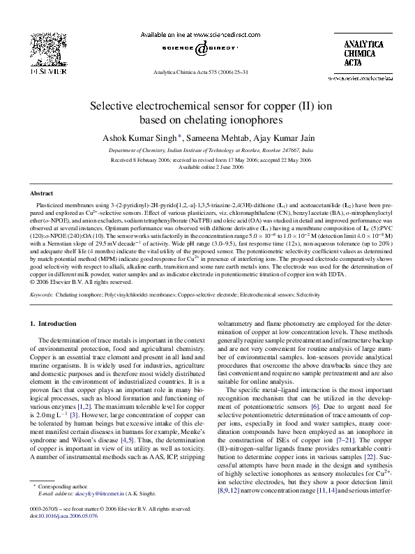 (PDF) Selective electrochemical sensor for copper (II) ion based on ...