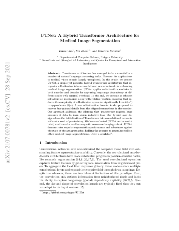 (PDF) UTNet: A Hybrid Transformer Architecture for Medical Image ...