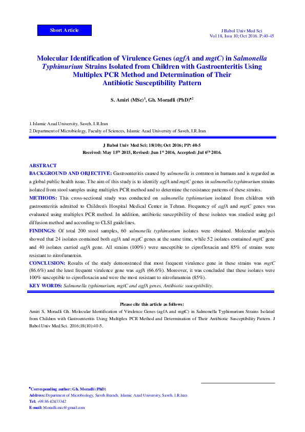 (PDF) Molecular Identification of Virulence Genes (agfA and mgtC) in ...