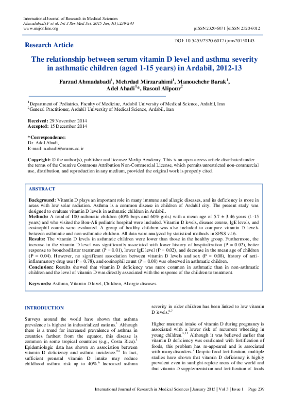 (PDF) The relationship between serum vitamin D level and asthma ...