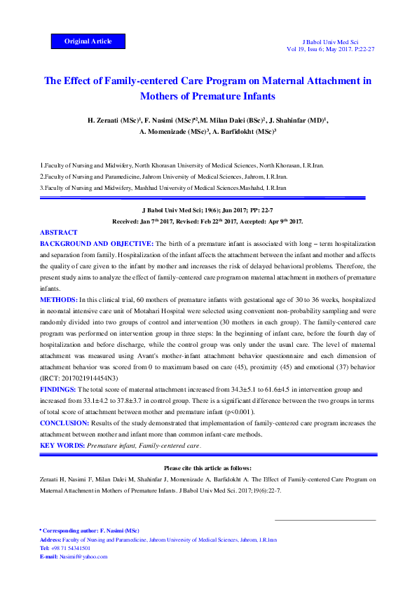 (PDF) The Effect of Family-centered Care Program on Maternal Attachment ...