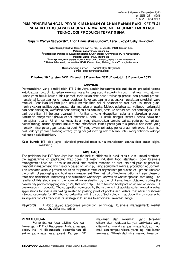 PKM Pengembangan Produk Makanan Olahan Bahan Baku Kedelai Pada Irt Bido Jaya Kabupaten Malang Melalui Implementasi Teknologi Produksi Tepat Guna