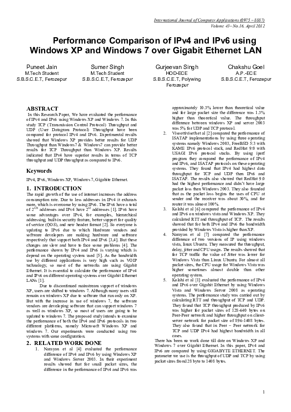 (PDF) Performance Comparison of IPv4 and IPv6 using Windows XP and ...