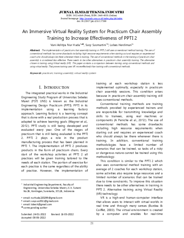 (PDF) An Immersive Virtual Reality System For Practicum Chair Assembly ...